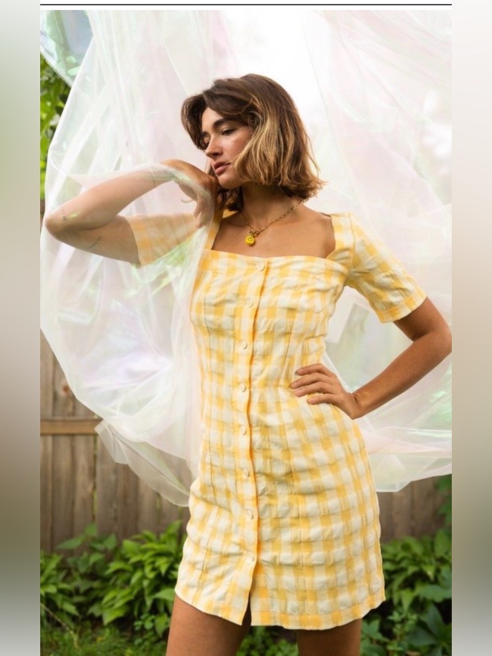 RITA ROW Maria dress Yellow white Gingham Button-Front Square Neck mini dress